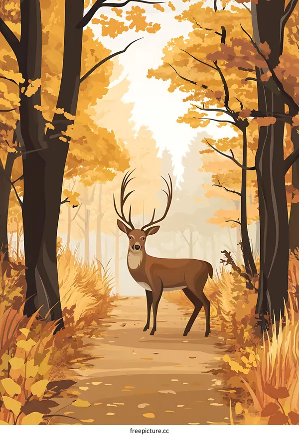 Autumn Forest Scene With Deer