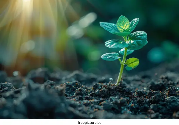 A tiny green plant growing out of the soil with a bright light in the background