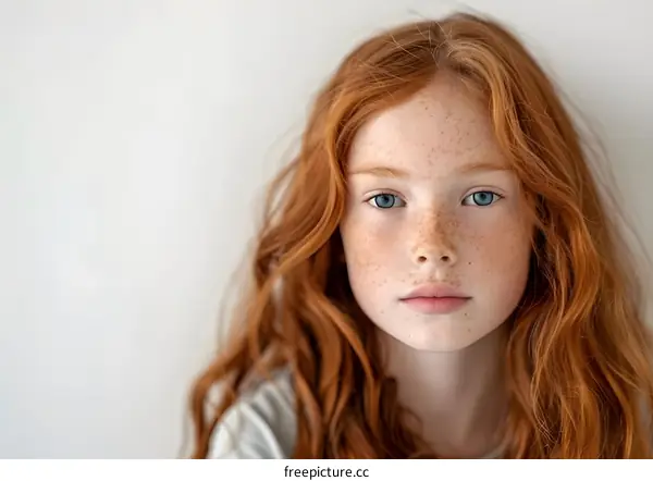 Portrait of a girl with red hair and freckles
