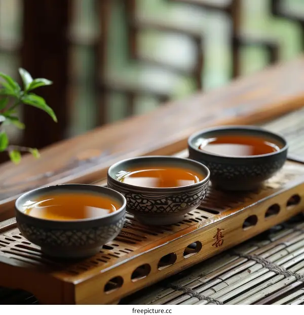 Three Chinese teacups on a bamboo table