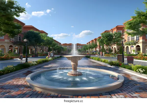 Fountain in the middle of a wide brick road in a residential area