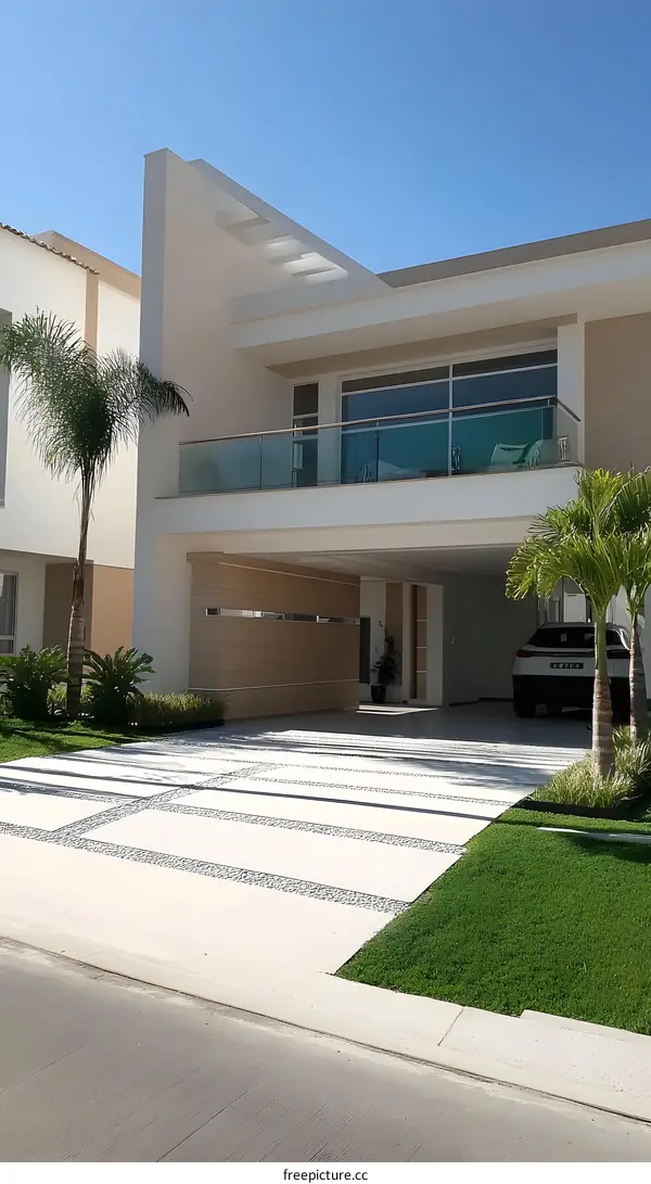 Modern Minimalist Style House With Green Grass and Palm Trees