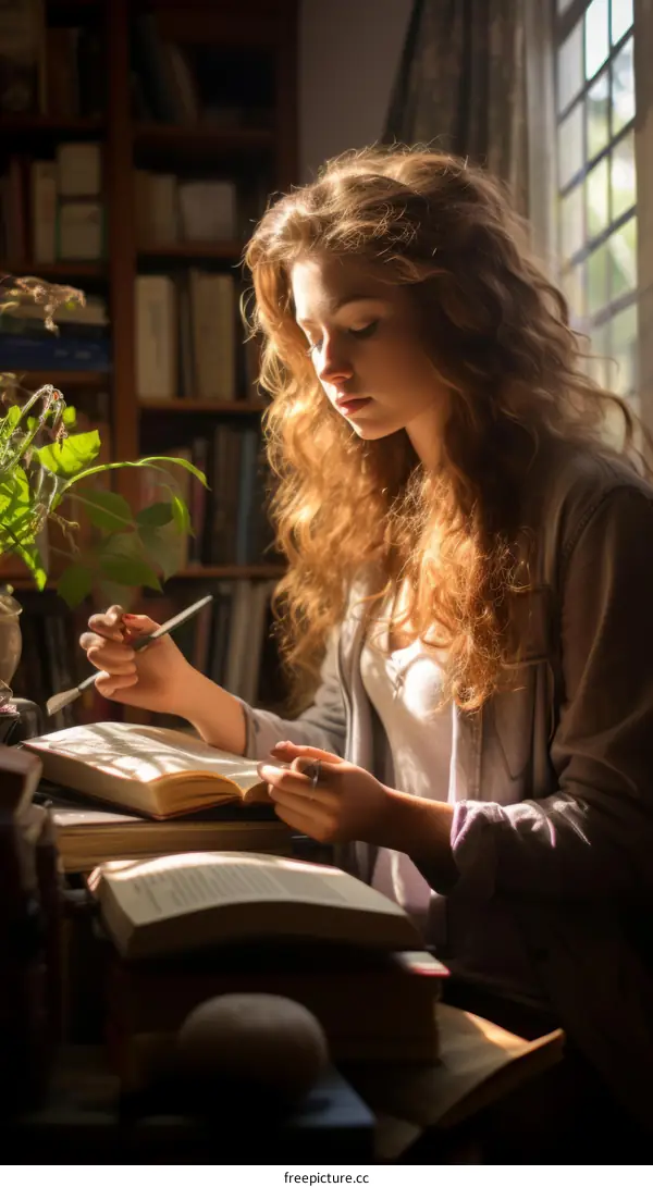 Young woman reading a book in a library