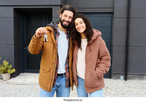 Couple with keys new home happy