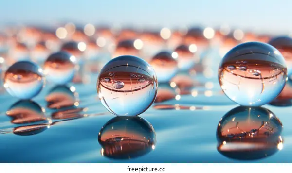 transparent spheres float on a blue liquid surface reflecting the environment