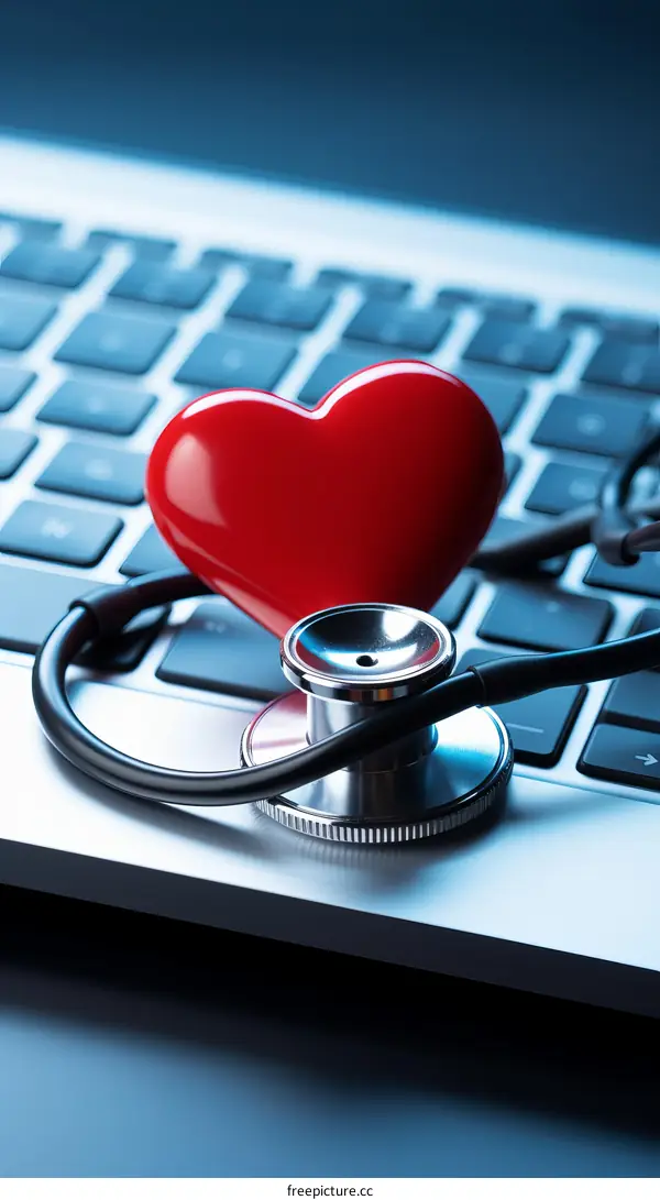 Red heart and stethoscope on laptop keyboard