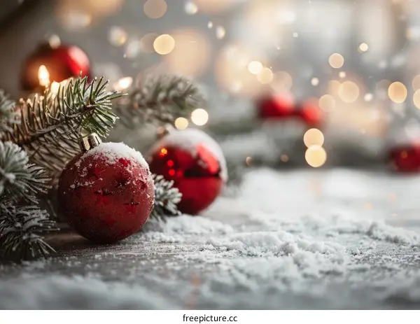 Red Christmas Ornaments on Snowy Landscape