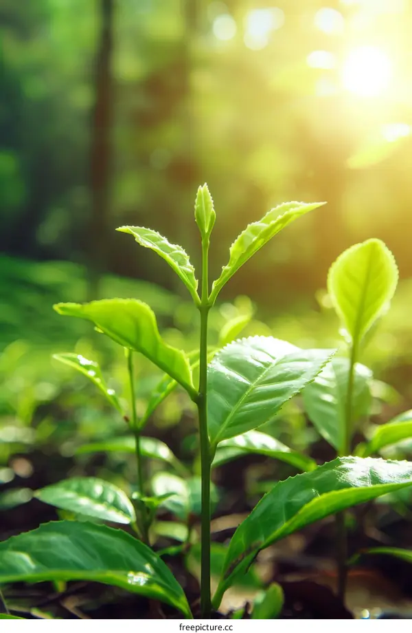 Close-up of fresh green tea leaves and shoots growing in a tea plantation
