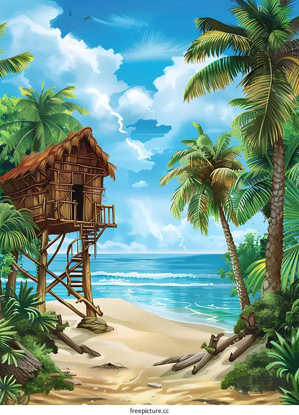 Tropical Island Beach Hut with Palm Trees