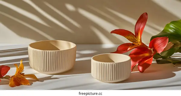 Cream Ceramic Bowls with Orange and Red Flowers on White Background