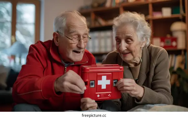 An elderly couple is looking at a first aid kit.