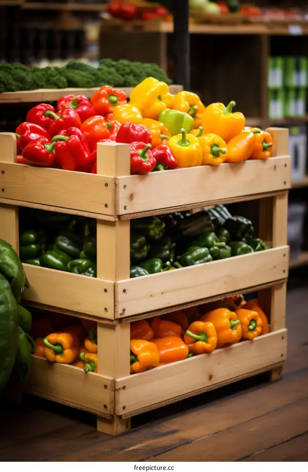 Fresh Bell Peppers in Wooden Crates