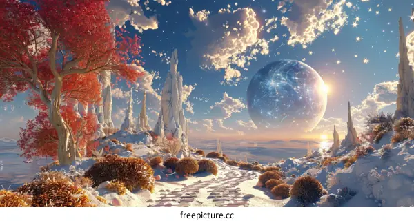 Enchanted Forest with a Giant Moon and Red Tree