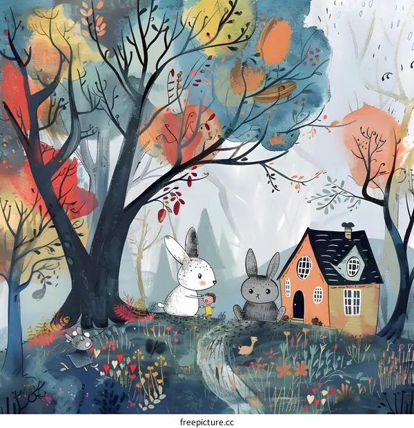 Little Girl With Two Rabbits in a Watercolor Forest