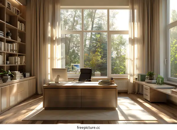 Office interior with large windows and a view of the forest