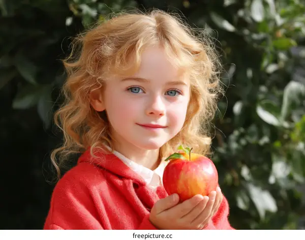 Adorable Girl Holding a Red Apple Outdoors