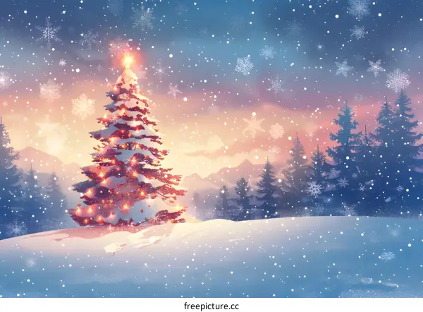 Christmas tree shining in the snow