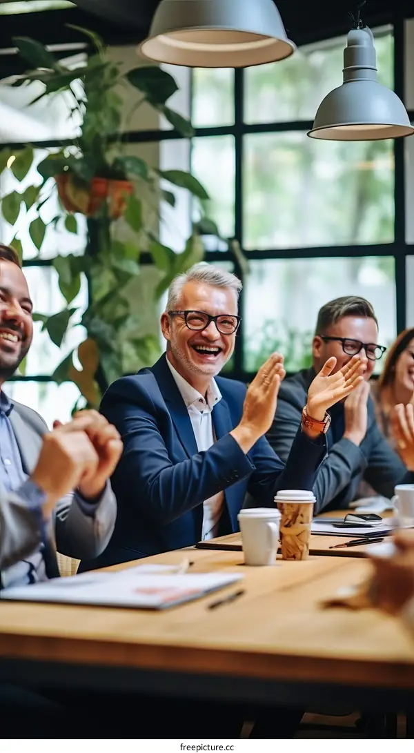 A group of business people are sitting around a table and clapping their hands.