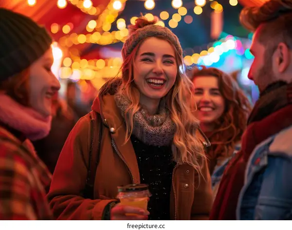 Four people are talking and laughing at a Christmas market.