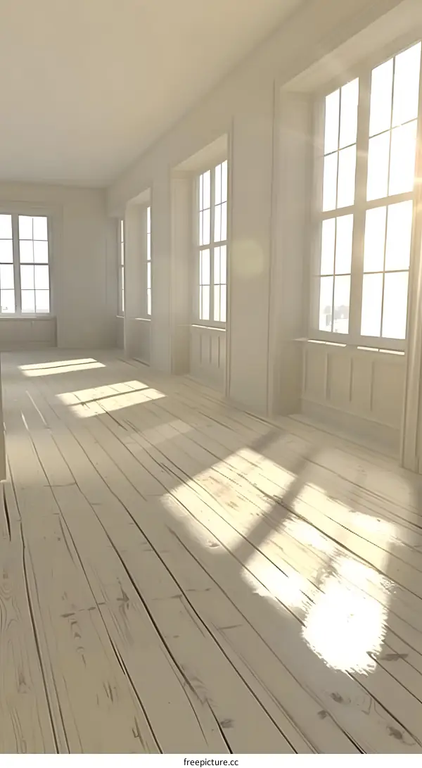 White Wooden Floor in Empty Room with Windows
