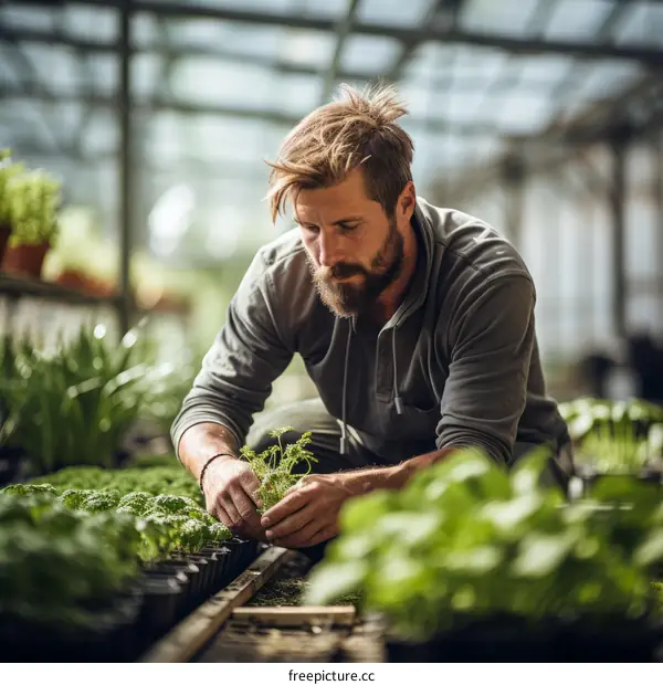 Male horticulturist examining seedlings in a greenhouse
