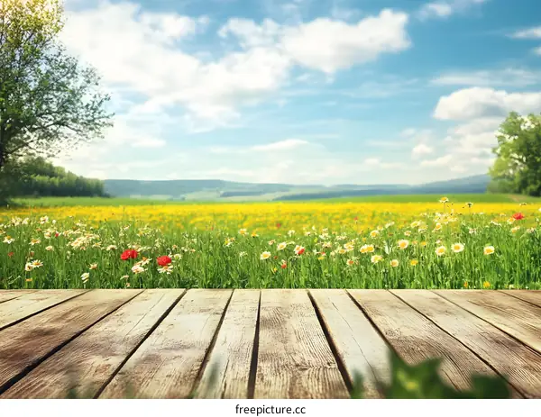 Wooden Plank Floor In Front Of Flower Field