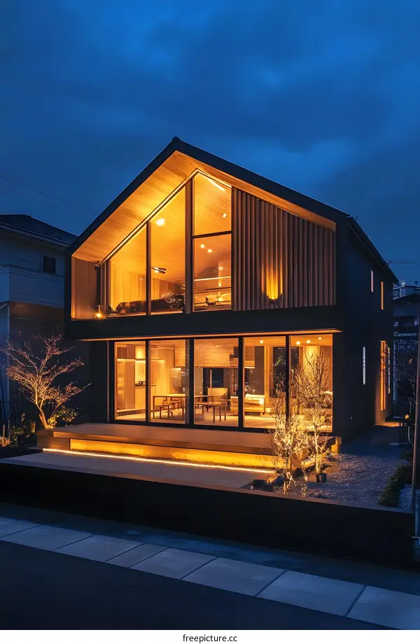 Modern Two Story House with Glass Walls and Warm Lights at Night