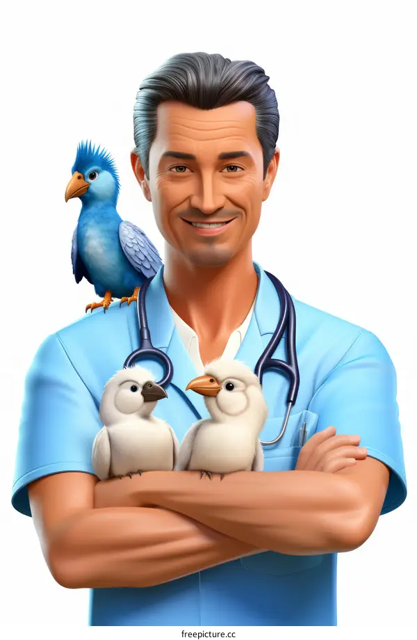 Veterinarian holding a parrot and two cockatiels during a checkup
