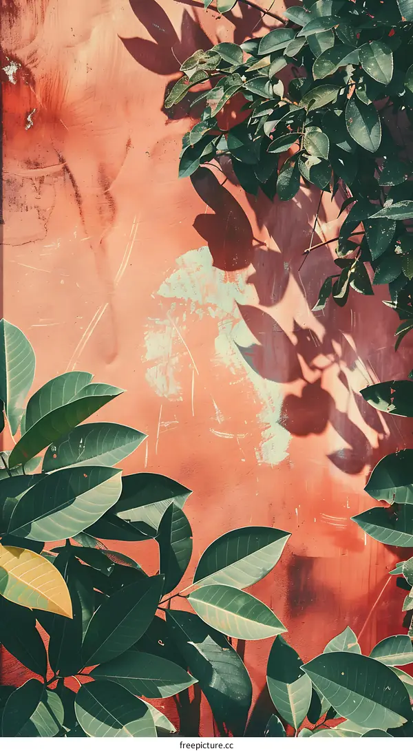 Green Leaves on a Red Wall Background