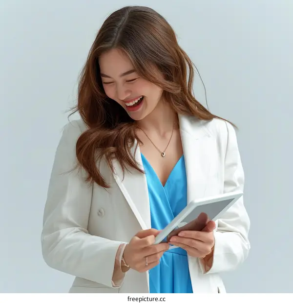 Asian woman in a white blazer and blue dress smiling while looking at a tablet