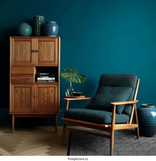 Mid-Century Modern Living Room with Teal Walls