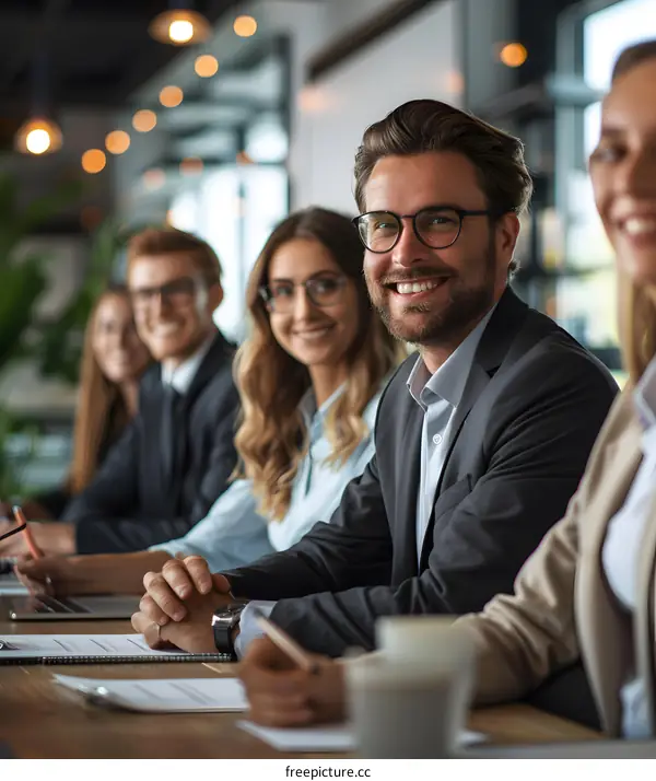 A group of business professionals sitting at a conference table and smiling at the camera.