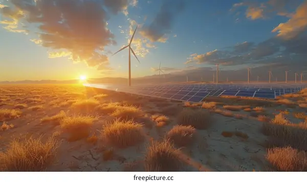 A large solar and wind farm in the middle of a desert