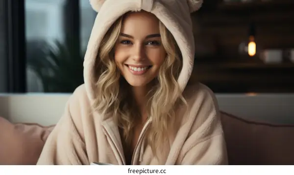 Smiling blonde woman in a bear-eared hoodie