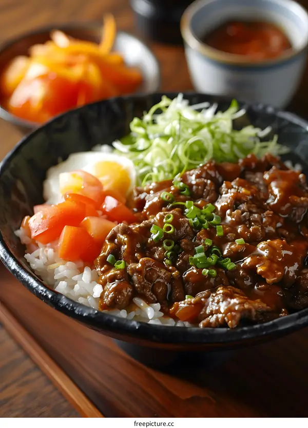 A delicious bowl of gyudon with a side of pickles and a bowl of sauce