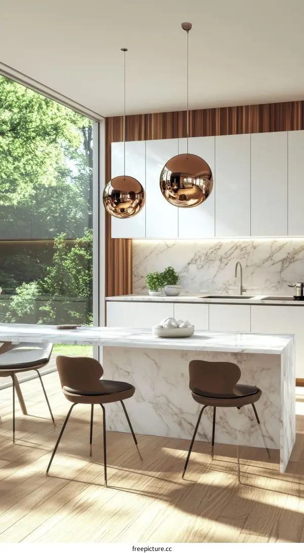 Modern Kitchen Interior Design with Copper Pendant Lights