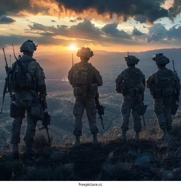 Four soldiers standing on a hilltop overlooking a valley at sunset.