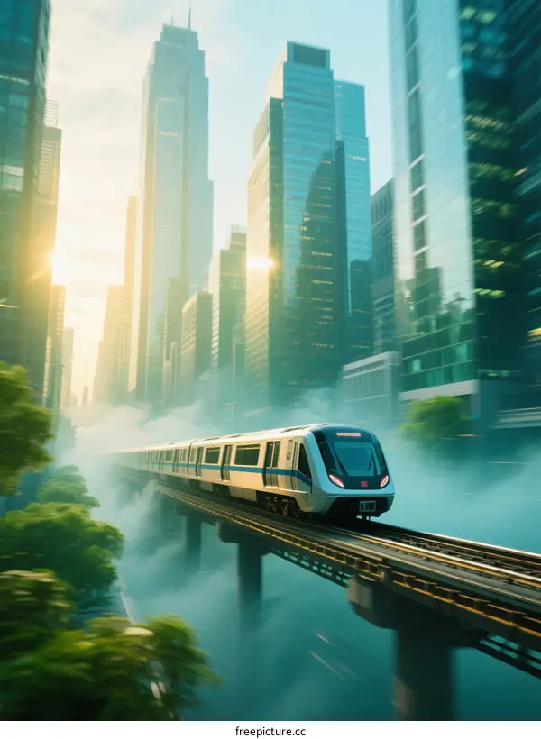 Modern City Metro Train Moving Above Urban Skyscrapers