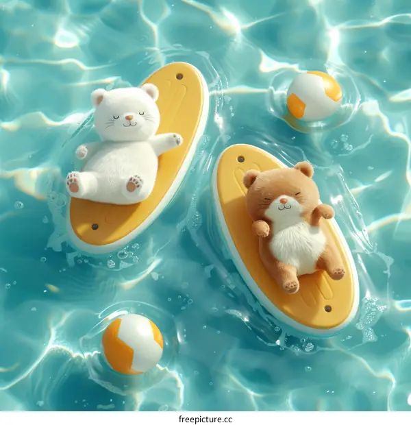 Two Adorable Cartoon Bears Float on Surfboards Inside a Swimming Pool