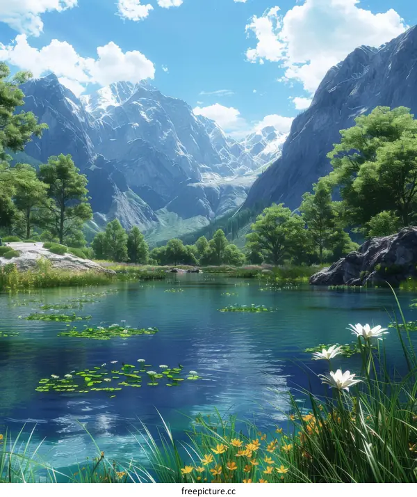 Tranquil Mountain Lake in a Valley with Snow-Capped Mountains in the Distance