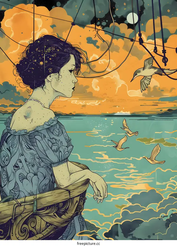 Woman in a Blue Dress Looking at Birds Flying in the Sky