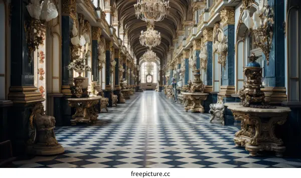 Ornate hallway with checkered floor and marble columns