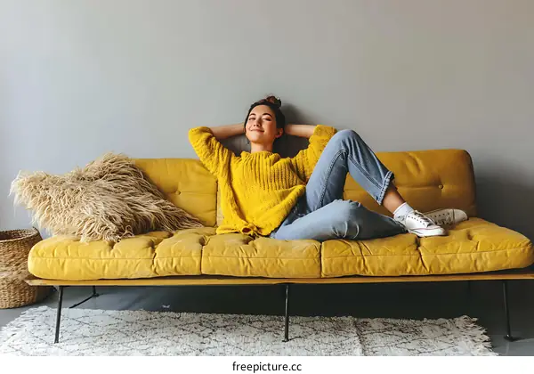 Woman Relaxing on Mustard Yellow Sofa