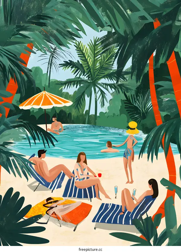 Tropical Poolside Relaxation with Palm Trees and Friends