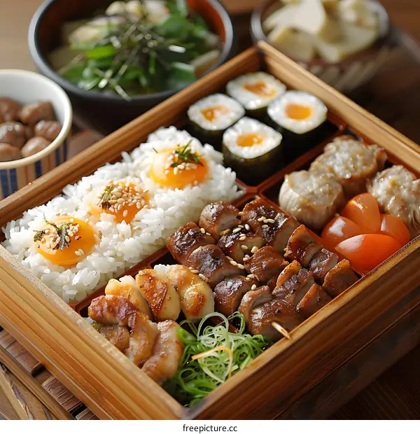 Japanese Food Bento Box With Rice, Meat And Vegetables