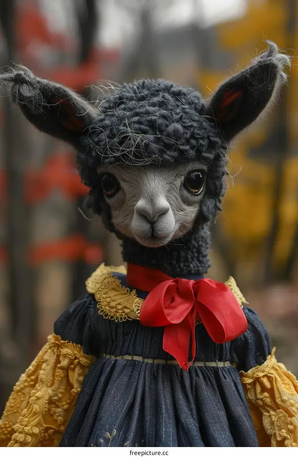 A cute llama doll with black hair and a red bow