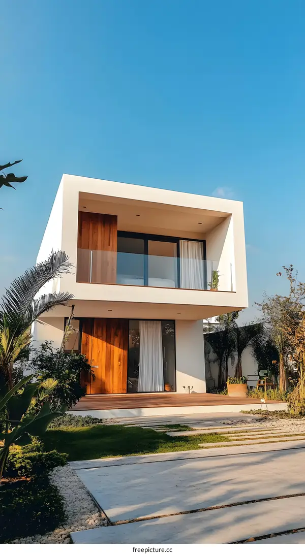 Modern White House with Wooden Accents and a Patio