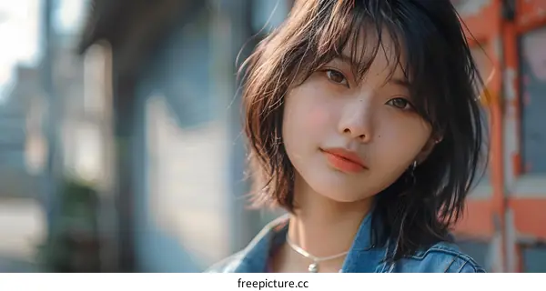 Portrait of a Young Woman with Short Hair Looking at the Camera