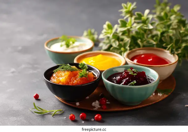 Assortment of colorful sauces in small bowls