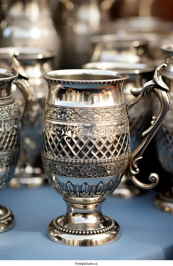 ornate silver goblet with intricate floral and geometric engravings